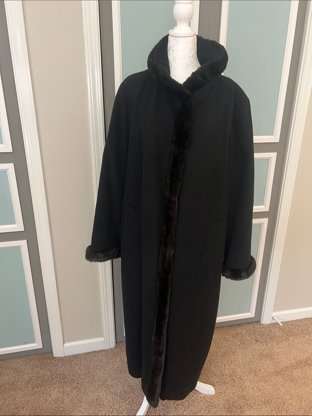 Ellen Tracy Black Long Trench Coat with Faux Fur Trimmed Collar and Cuffs